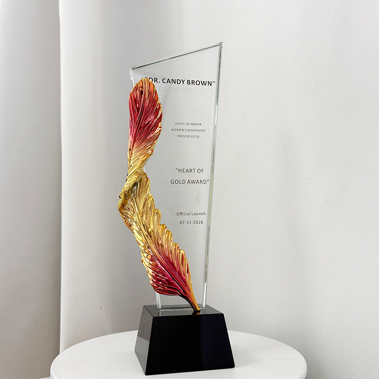 Gold Pink Resin Feather Optical Crystal Glass Trophy MH-LJ0785