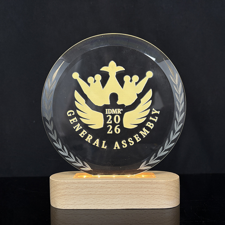 Personalized Round Crystal Plaque Crystal Trophy Award with Wooden Light Base MH-LJ0772