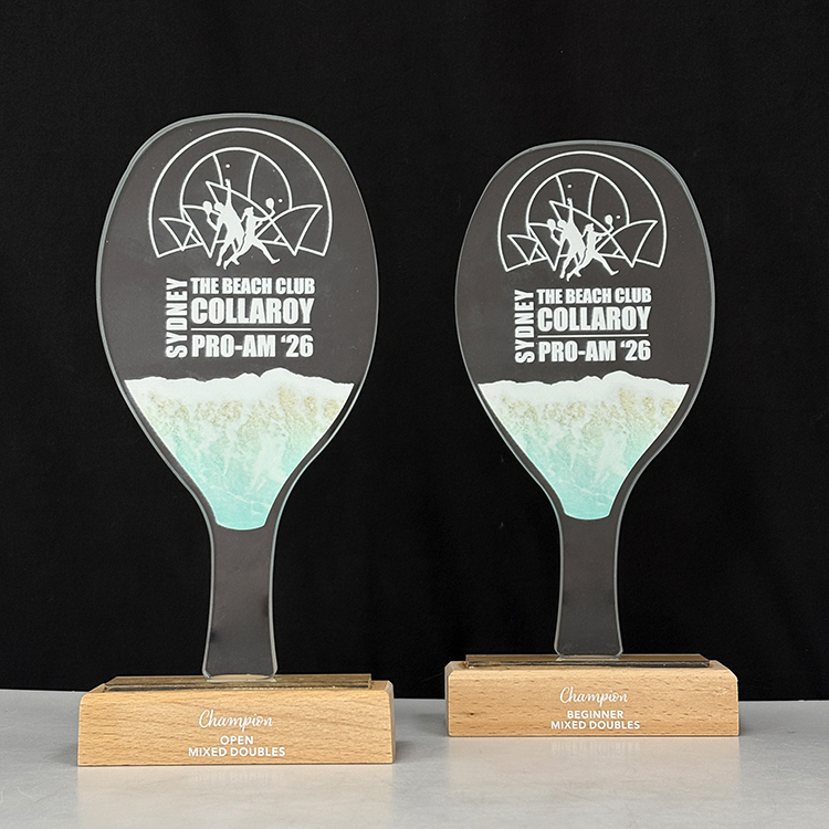 Personalized Glass Crystal Beach Tennis Racket Sports Trophy with Wood Base MH-FJ0042