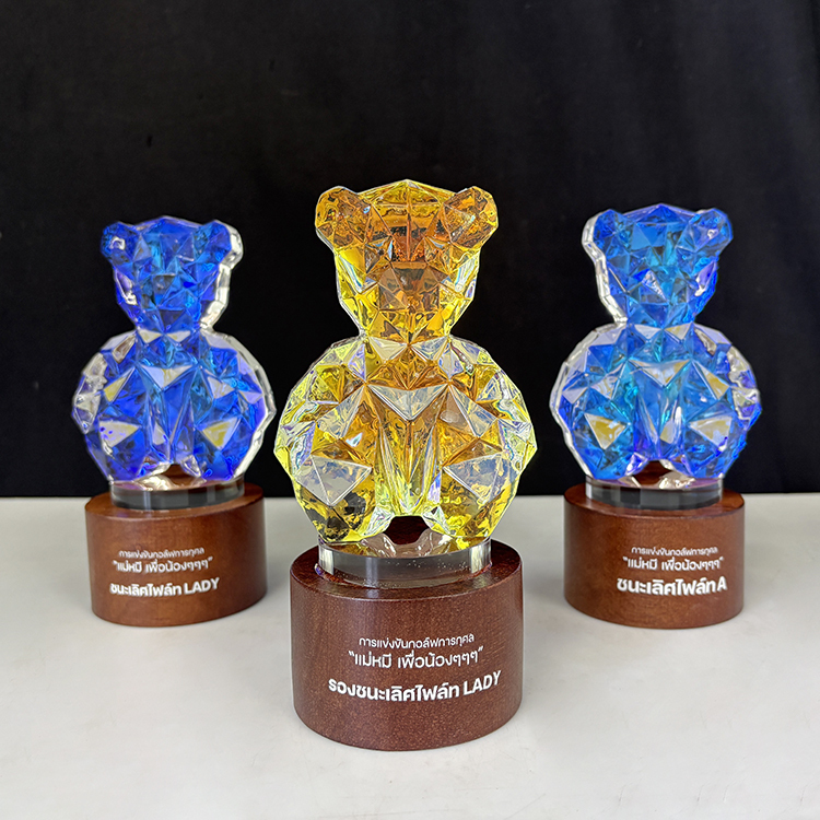 Rainbow Teddy Bear Shape Crystal Trophy Awards with Wooden Base for Kids Students MH-LJ0790