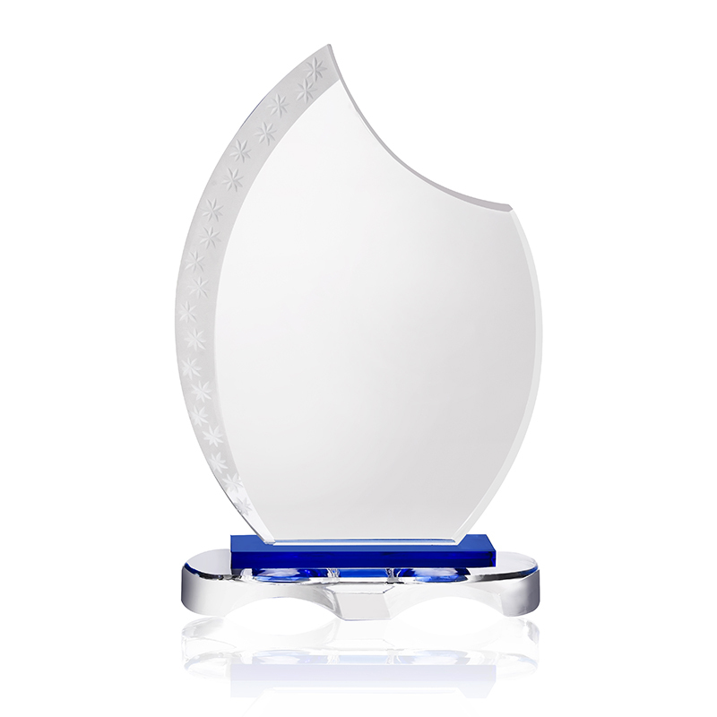 Wholesales Custom Logo Blank Glass Trophy Crystal Award Clear Engraving Plaque Trophy With Blue Base