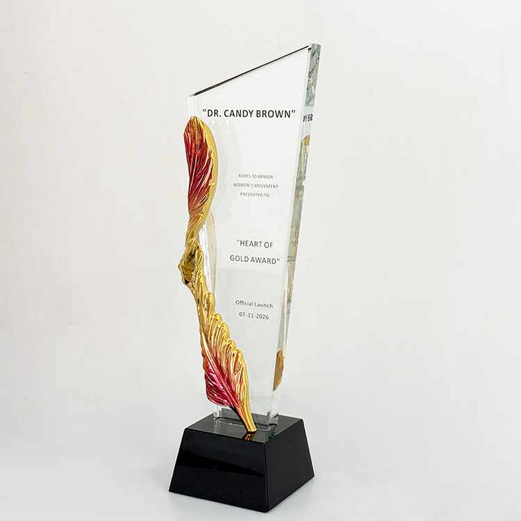 Gold Pink Resin Feather Optical Crystal Glass Trophy MH-LJ0785