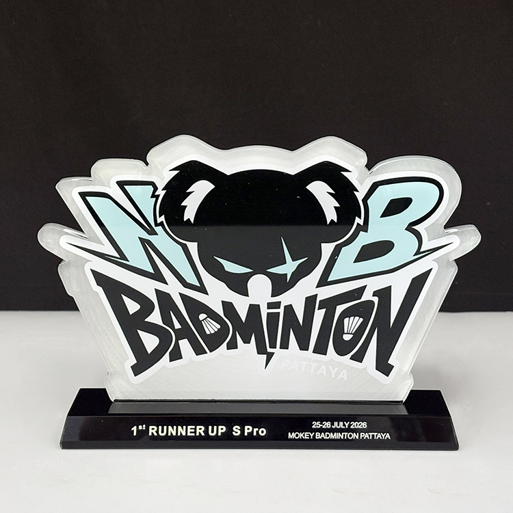 Personalized Acrylic Badminton Awards Plaque Trophy with Black Crystal Base MH-LJ0811