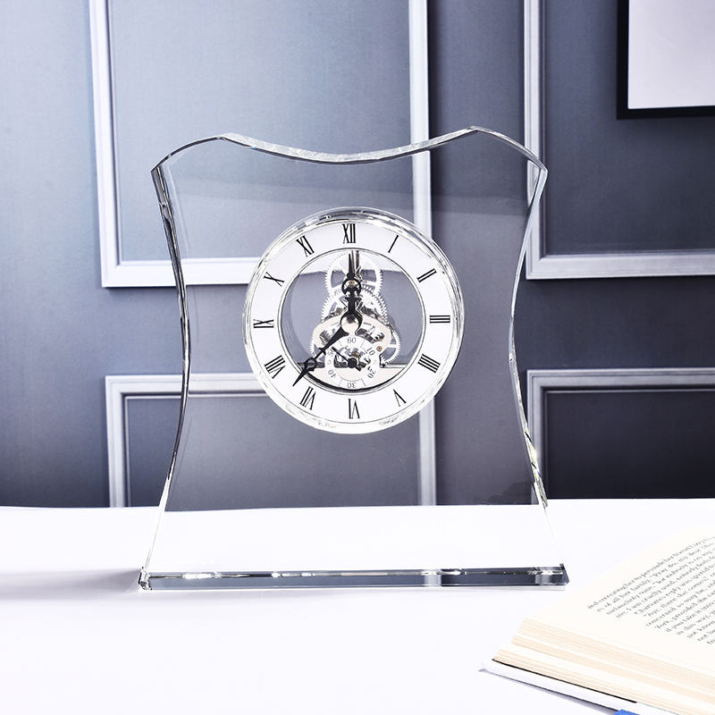 High Quality Customized Logo Printing Office Decoration Clear Crystal Table Clock for Home Decoration