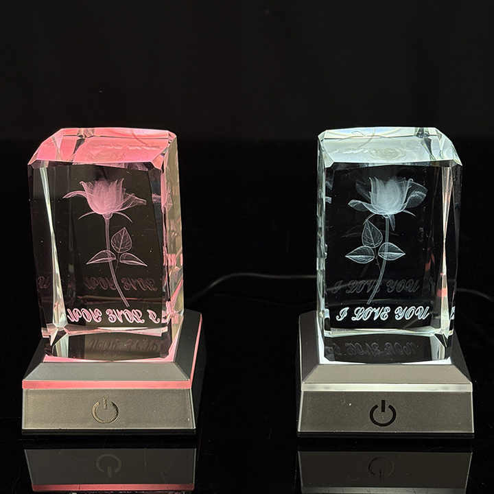Laser Rose Rectangle Crystal Paperweight with Light Base MH-F0653