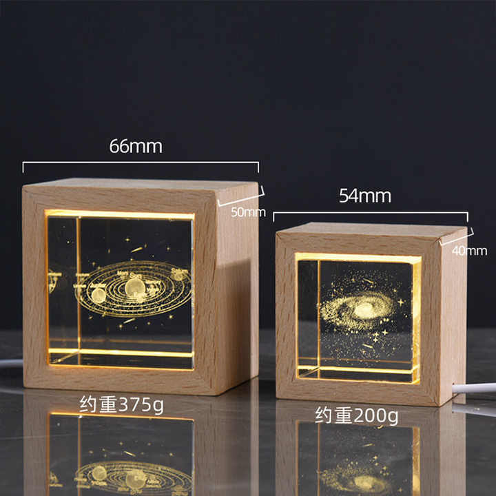 2024 New Night Light Laser Moon Milky Way Crystal Block Cube Paperweight with Wooden Light Base MH-F0600
