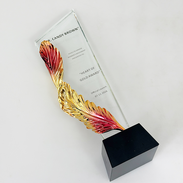Gold Pink Resin Feather Optical Crystal Glass Trophy MH-LJ0785