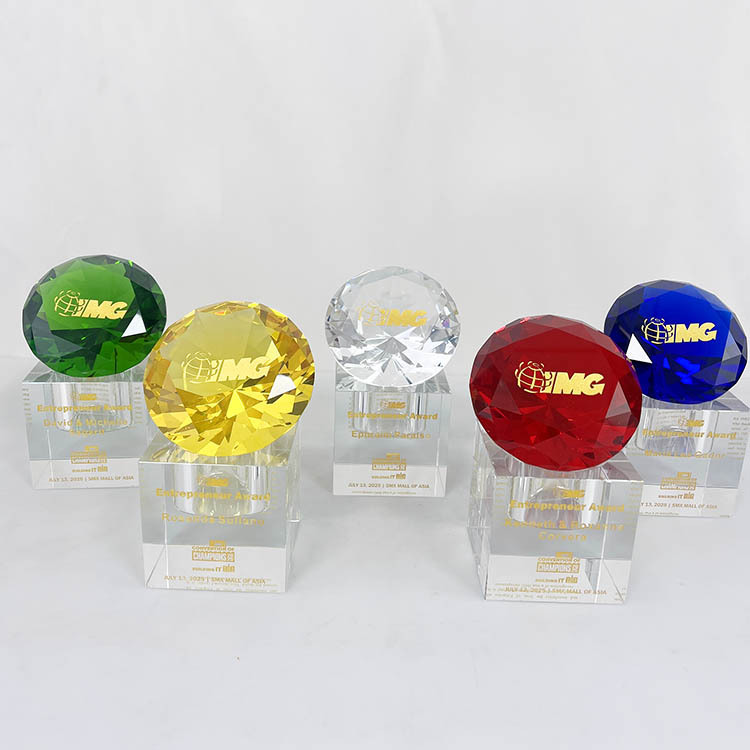 Machine Cut Multi Color Glass Crystal Gem Diamond Paperweight with Stand MH-9516
