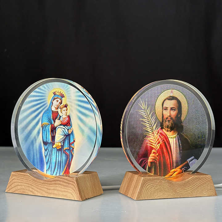Customized Catholicism Round Crystal Wooden Custom Mini LED Night Light Base Stand MH-F0690