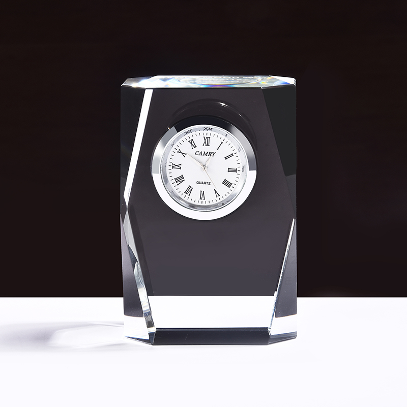 Antique Custom Logo Engrave Clear Crystal Clock Desk Table Decoration Clock