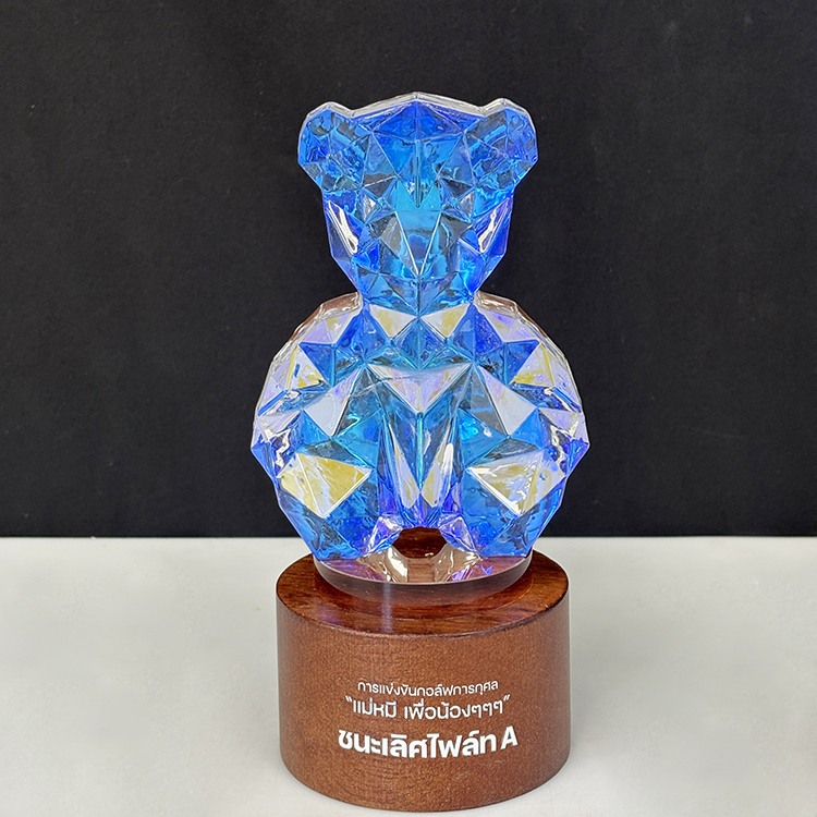 Rainbow Teddy Bear Shape Crystal Trophy Awards with Wooden Base for Kids Students MH-LJ0790