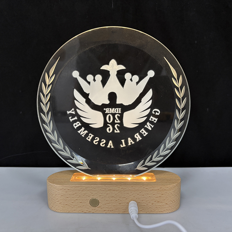 Personalized Round Crystal Plaque Crystal Trophy Award with Wooden Light Base MH-LJ0772