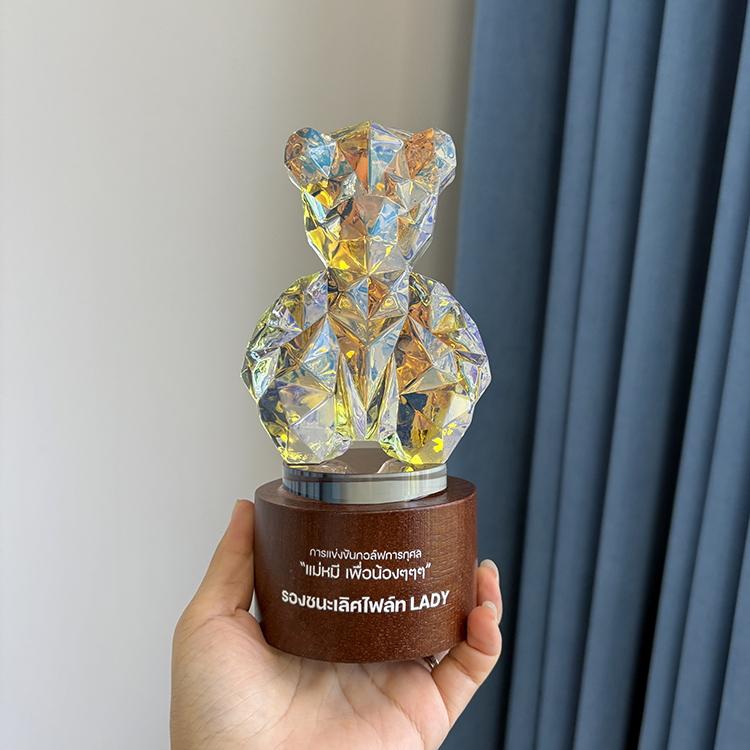 Rainbow Teddy Bear Shape Crystal Trophy Awards with Wooden Base for Kids Students MH-LJ0790