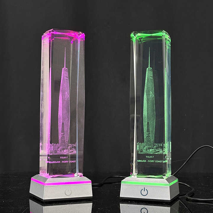 Laser Crystal Block Cube Paperweight with Sensitive Touch Switch Led Light Base MH-F0705