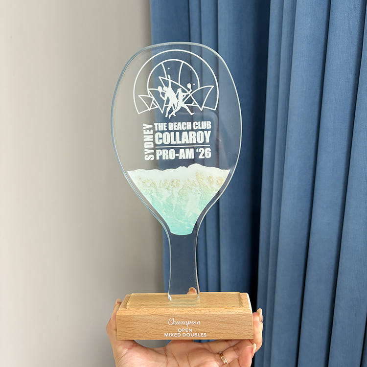 Personalized Glass Crystal Beach Tennis Racket Sports Trophy with Wood Base MH-FJ0042