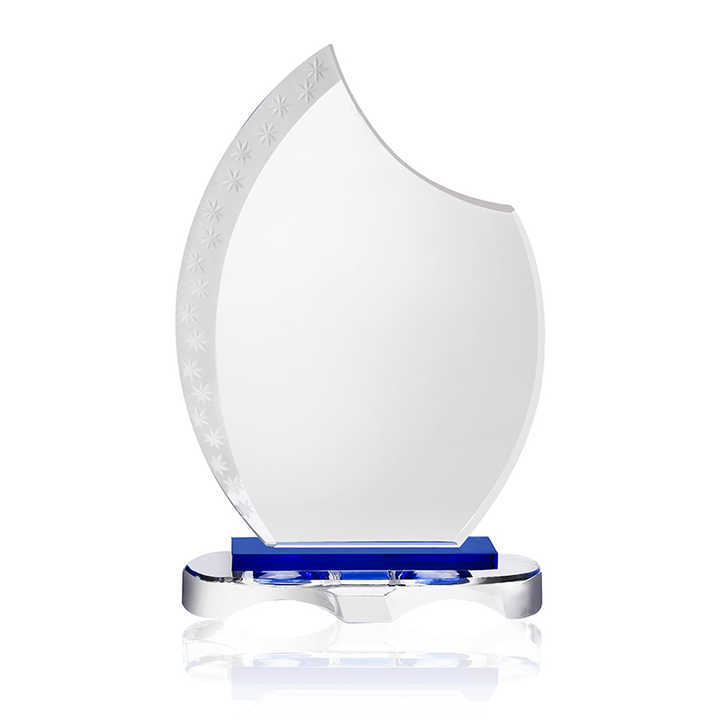 Wholesales Custom Logo Blank Glass Trophy Crystal Award Clear Engraving Plaque Trophy With Blue Base