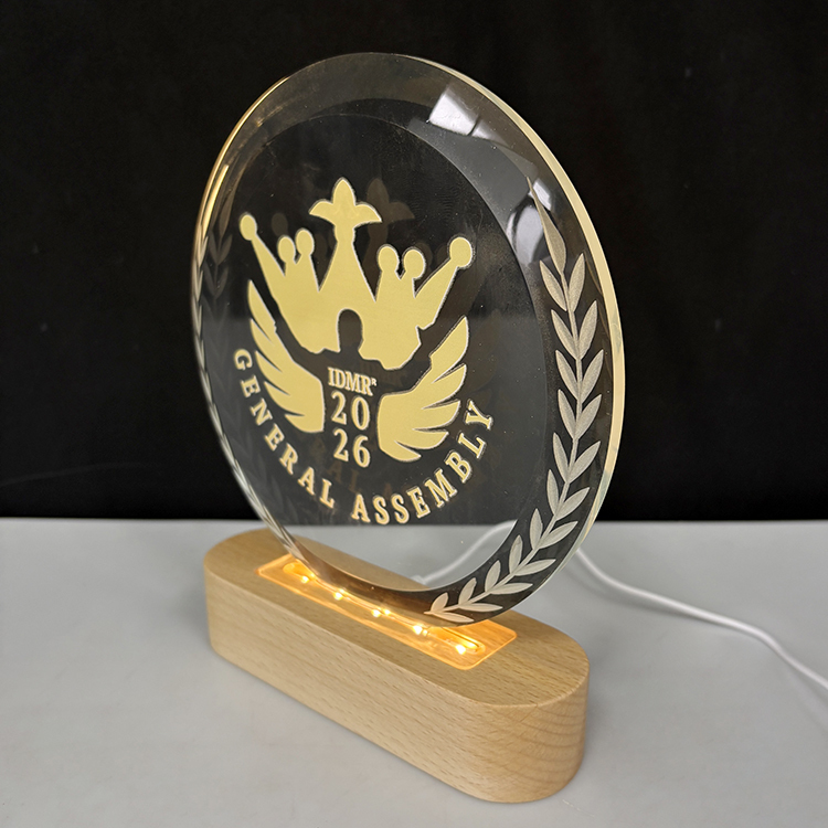 Personalized Round Crystal Plaque Crystal Trophy Award with Wooden Light Base MH-LJ0772