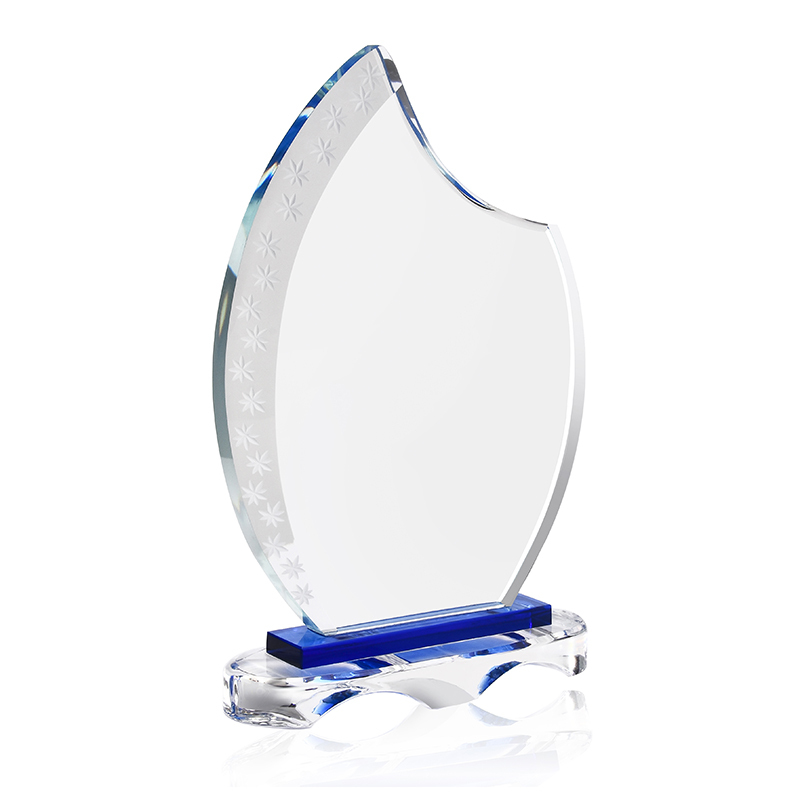 Wholesales Custom Logo Blank Glass Trophy Crystal Award Clear Engraving Plaque Trophy With Blue Base