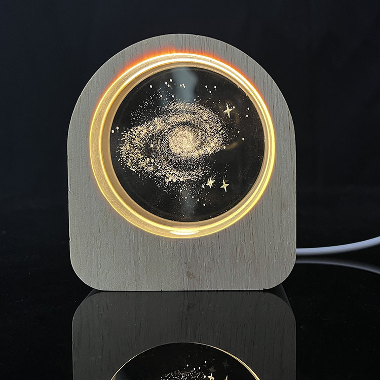 2024 New Night Light Laser Moon Milky Way Crystal Circle Paperweight with Wooden Light Base MH-F0599