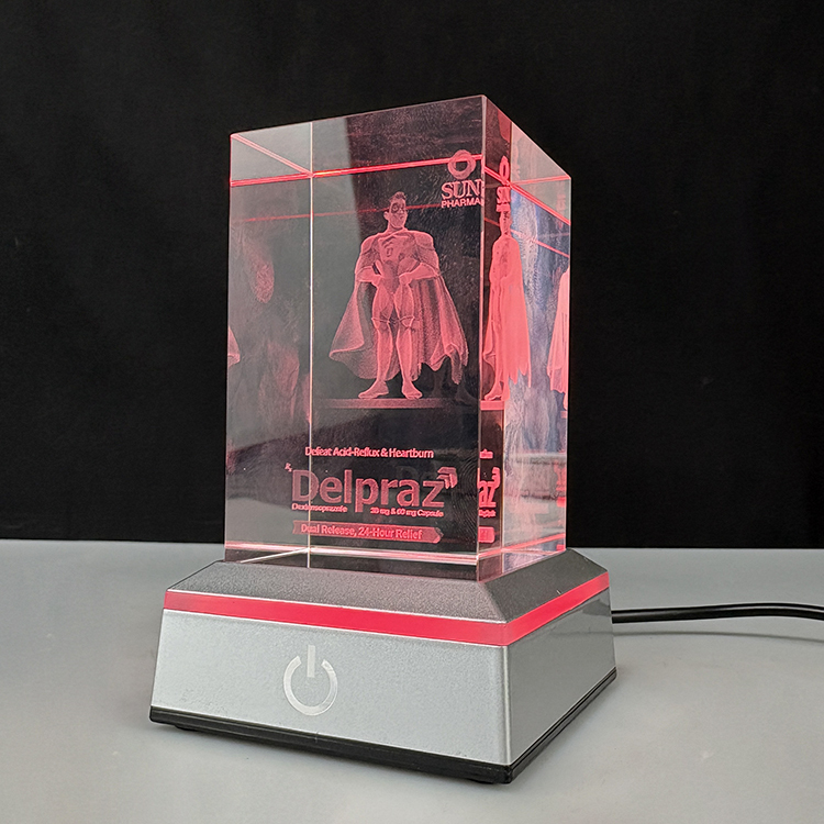Laser Crystal Block Cube Paperweight with Sensitive Touch Switch Led Light Base MH-F0692