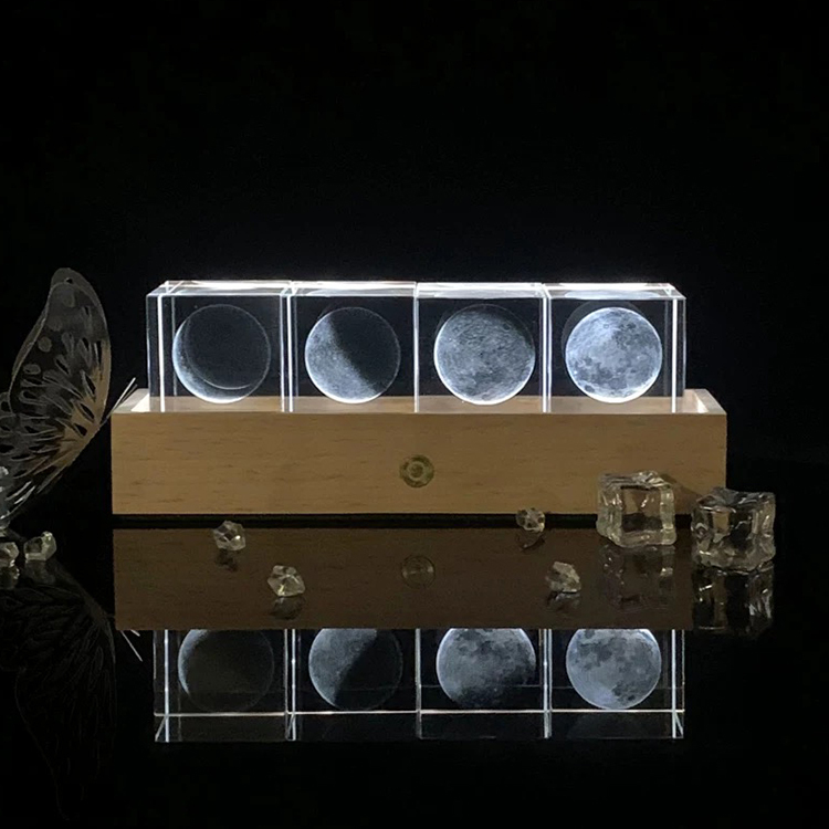 4pcs in a Set New Night Light Laser Moon Cube Paperweight with Wooden Light Base MH-F0617