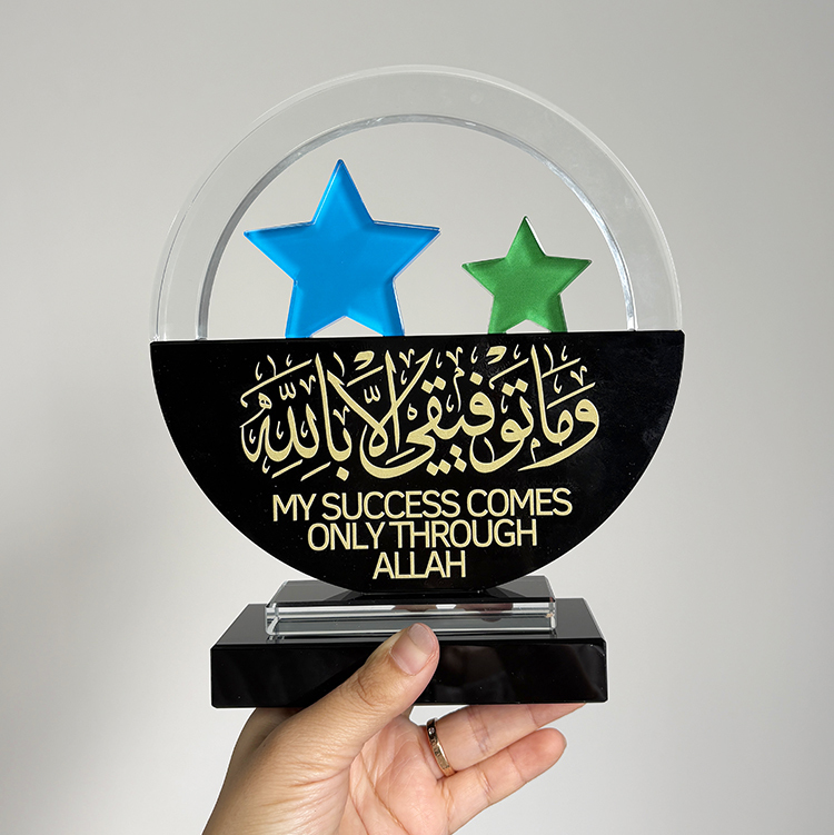 Round Black Crystal Circle Glass Awards Plaque Trophy with 2 Star MH-LJ0404