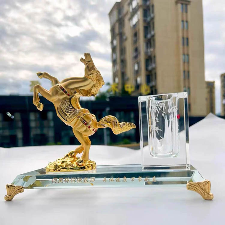 Gold Metal Horse Gift Crystal Pen Holder Set for Table Decoration MH-B0405