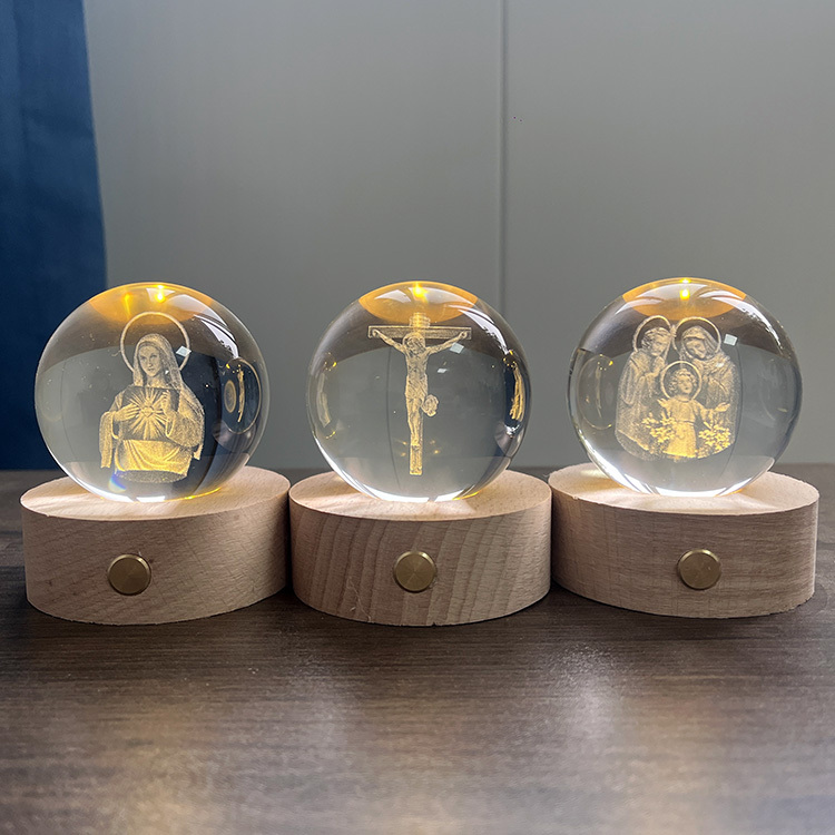 Custom Christian Jesus Cross Crystal Ball 3D Laser Religious Night Light with Touch Switch Wooden Led Light Base MH-Q0272