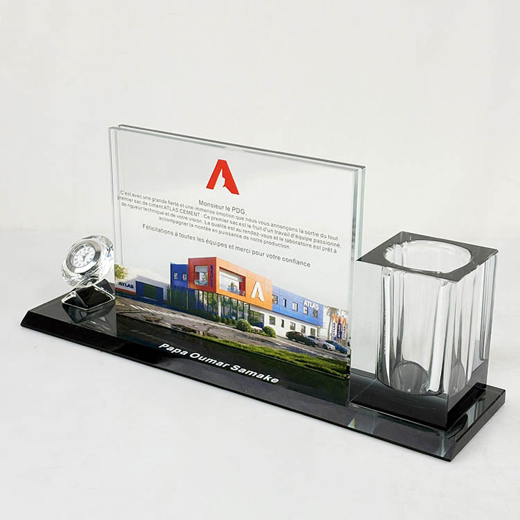 Crystal Pen Holder Set with Diamond Clock with Black Base for Table Decoration MH-B0407
