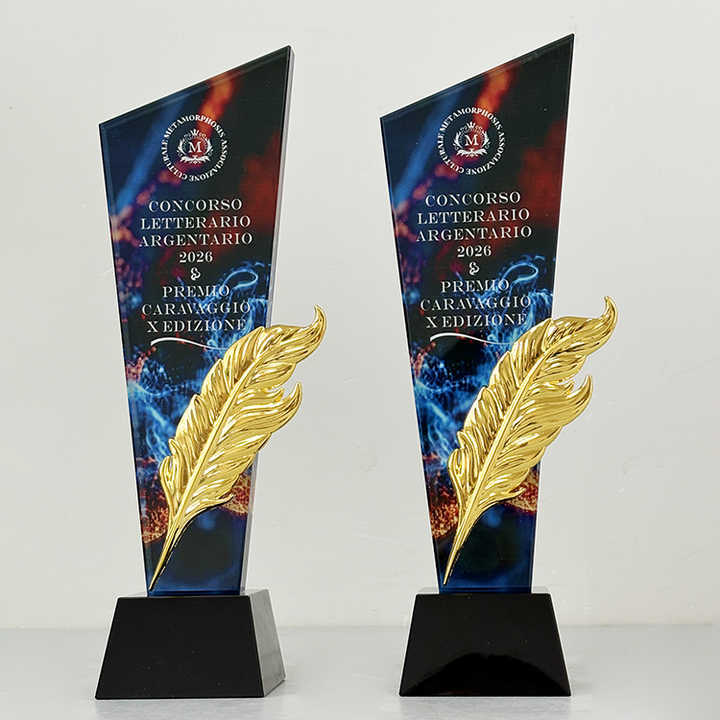 Gold Metal Feather Full Color Printing Optical Crystal Glass Trophy MH-LJ0631