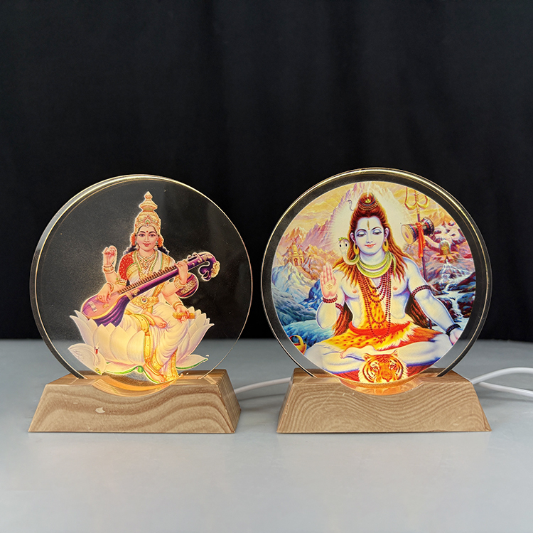 Custom Hindu Ganesh God Crystal Round Shape with Wooden Color Plastic Light Base Custom Mini LED Night Light Base Stand MH-F0689