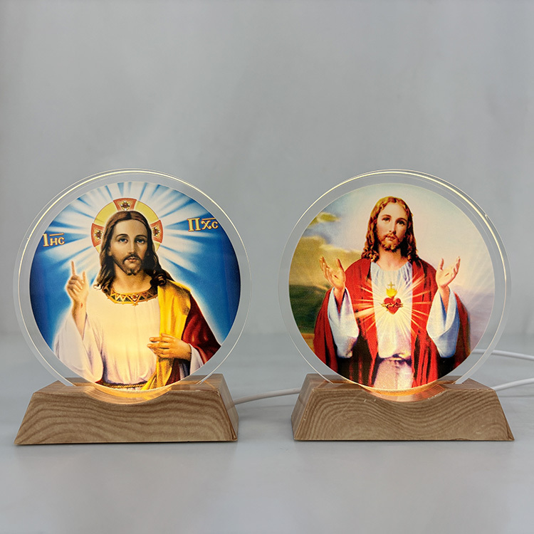 Customized Catholicism Round Crystal Wooden Custom Mini LED Night Light Base Stand MH-F0690