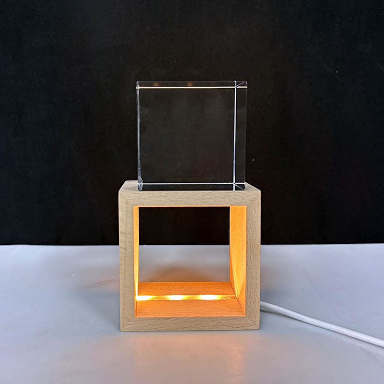 New Night Light Blank Crystal Block Cube Paperweight with Wooden Light Base MH-F0717