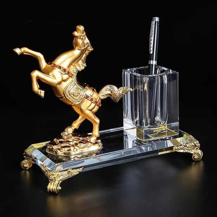 Gold Metal Horse Gift Crystal Pen Holder Set for Table Decoration MH-B0405