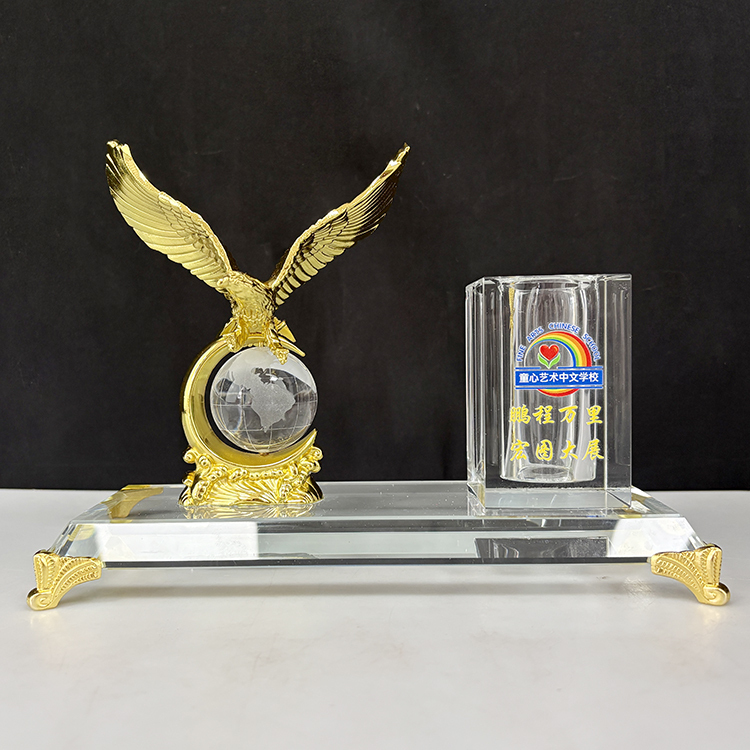 Gold  Metal Eagle with Globe Desktop Gift Crystal Pen Holder Set for Table Decoration MH-B0400