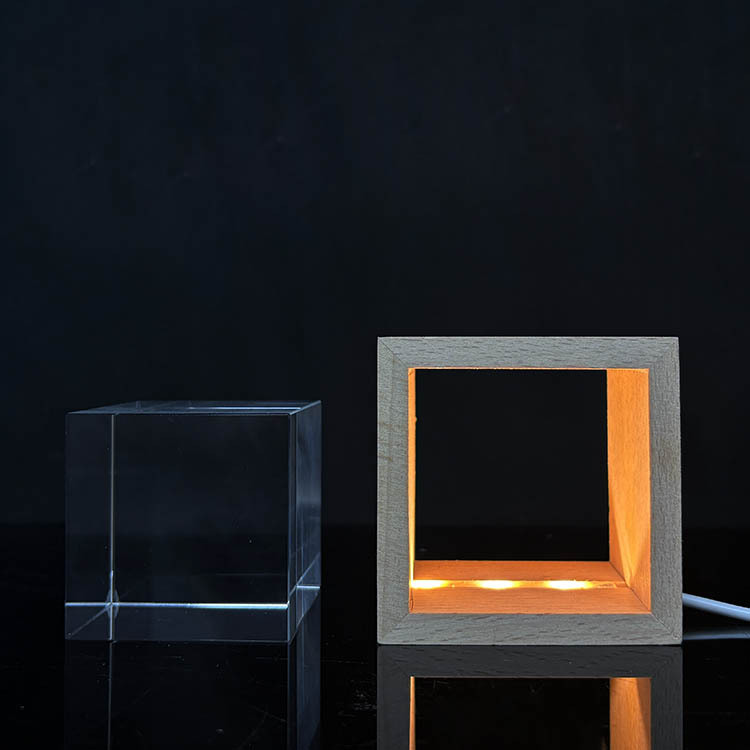 New Night Light Blank Crystal Block Cube Paperweight with Wooden Light Base MH-F0717