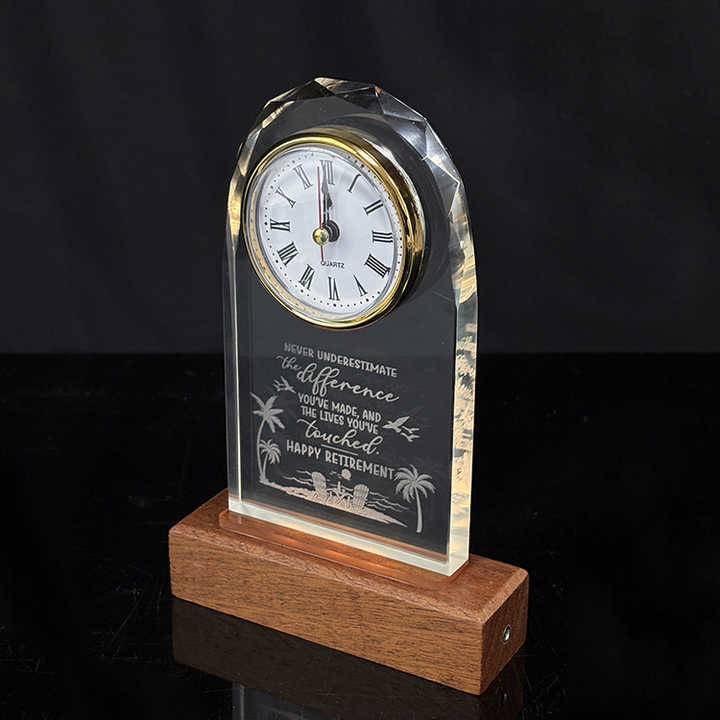 Optical Glass Arch Shaped Crystal Desk Clock with Wooden Light Base MH-C0221