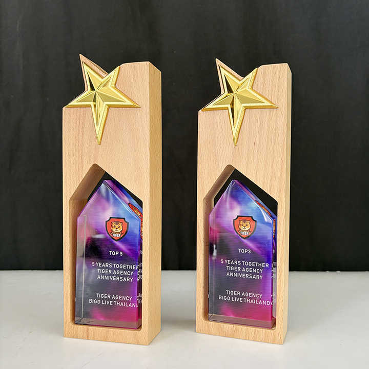 Gold Star Personalized Wooden Plaque Crystal Trophy MH-FJ0049