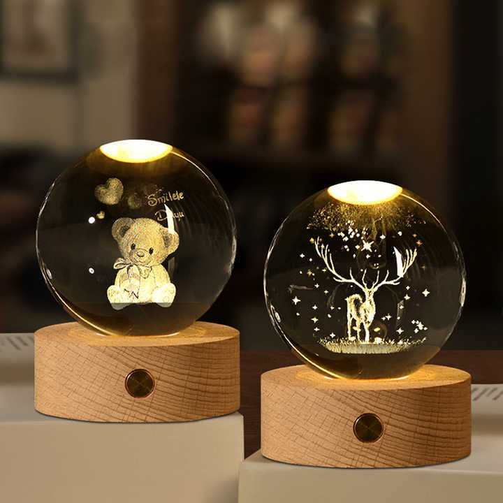 Light up Crystal Laser Bear Deer Milky Way Saturn Ball with Touch Switch Wooden Led Light Base MH-Q0261