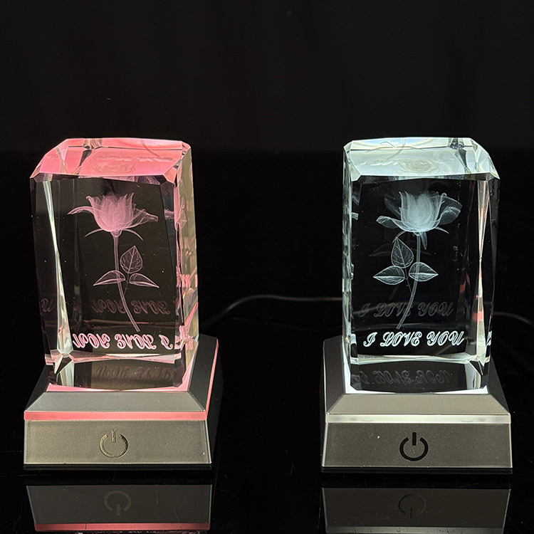 Laser Rose Rectangle Crystal Paperweight with Light Base MH-F0653