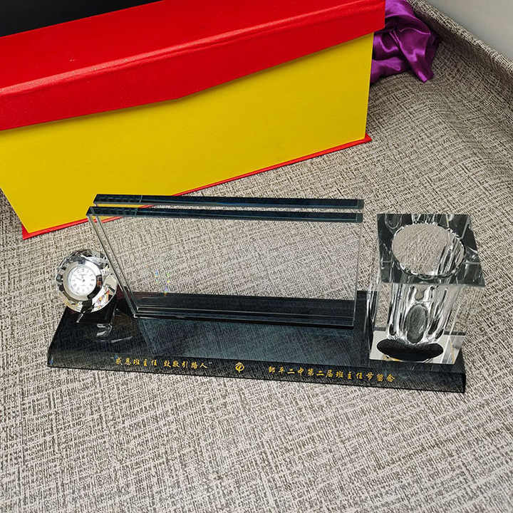 Crystal Pen Holder Set with Diamond Clock with Black Base for Table Decoration MH-B0382