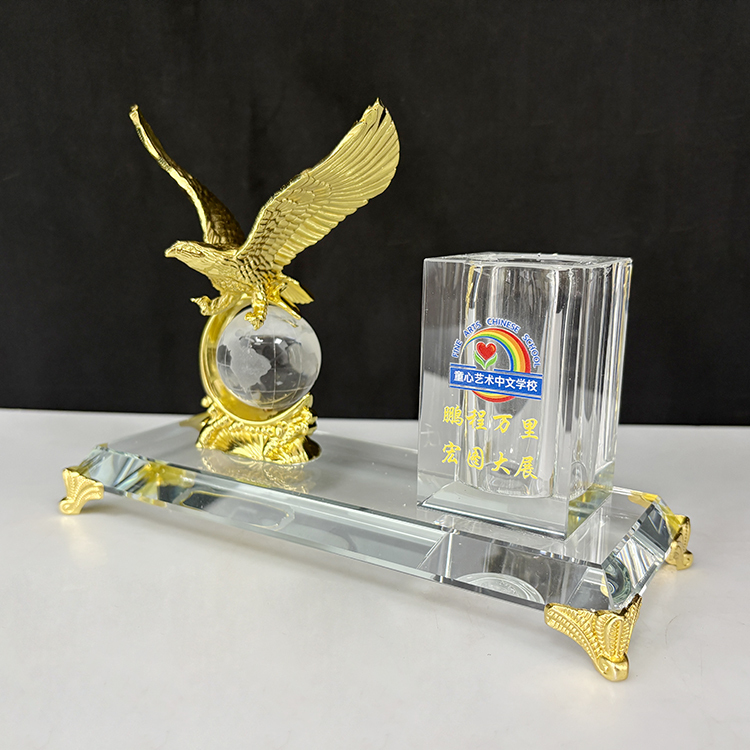 Gold  Metal Eagle with Globe Desktop Gift Crystal Pen Holder Set for Table Decoration MH-B0400
