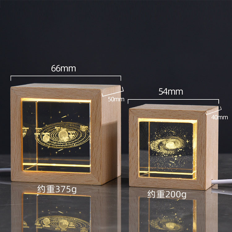 2024 New Night Light Laser Moon Milky Way Crystal Block Cube Paperweight with Wooden Light Base MH-F0600