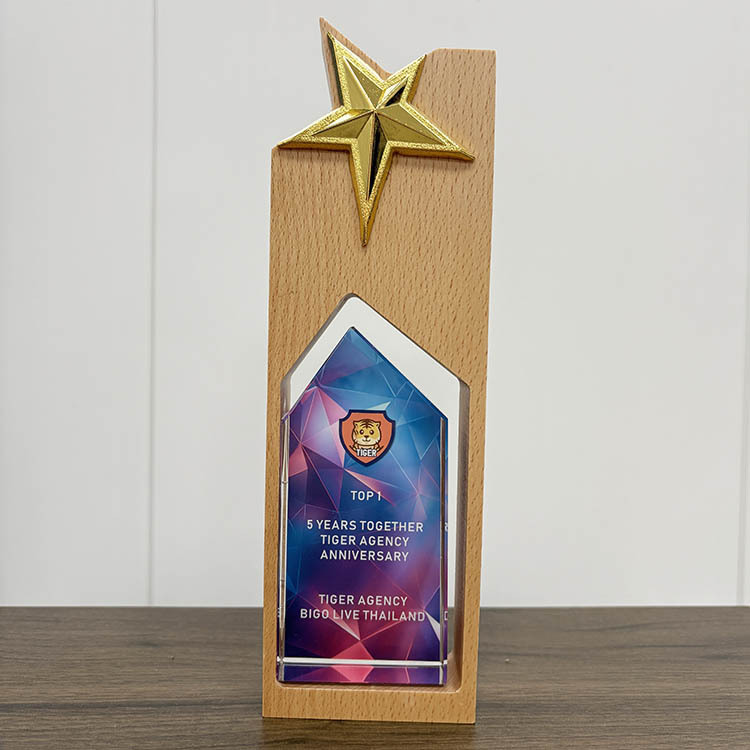 Gold Star Personalized Wooden Plaque Crystal Trophy MH-FJ0049