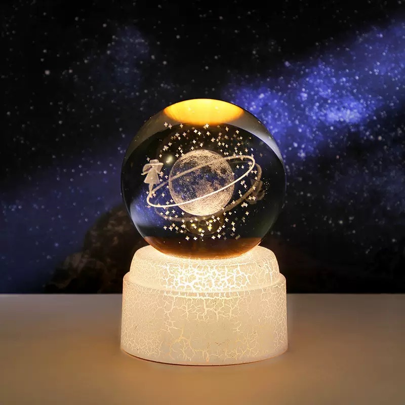 Light up Crystal Laser Moon Milky Way Saturn Ball with Rotating Plastic Led Light Base