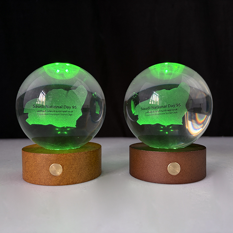 Custom Crystal Ball 3D Laser Night Light with Touch Switch Wooden Led Light Base MH-Q0279