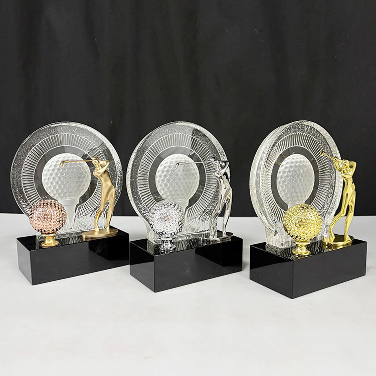 Gold Silver Bronze Metal Golfer Clear Glass Crystal Golf Ball Sports Trophy with Black Base MH-LJ0348