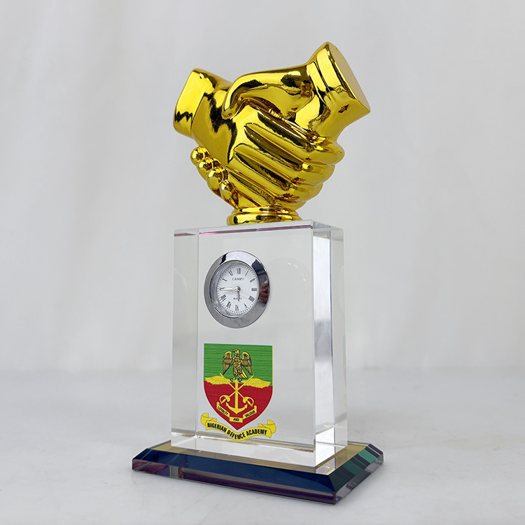 Gold Resin Handshake Rectangle Glass Crystal Desk Clock MH-C0213