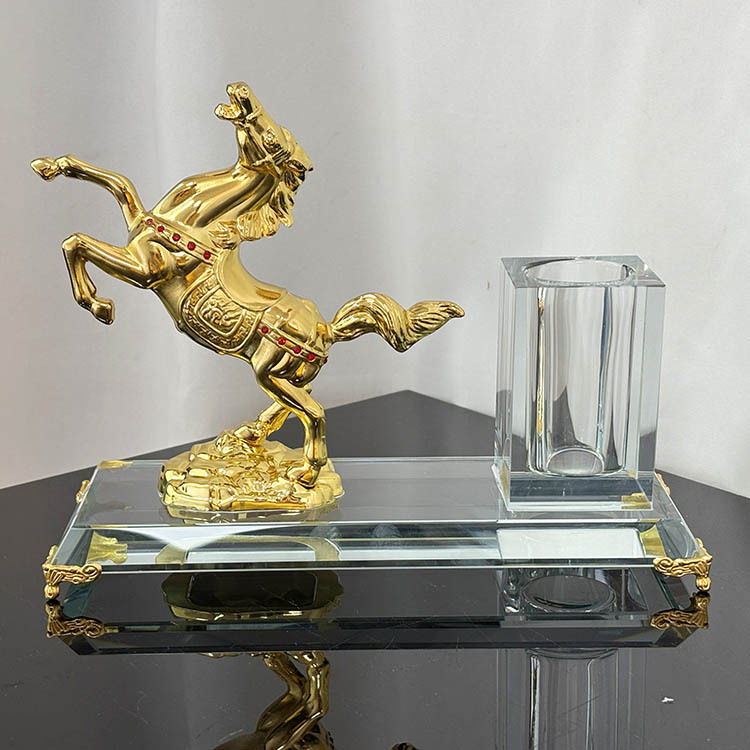 Gold Metal Horse Gift Crystal Pen Holder Set for Table Decoration MH-B0405