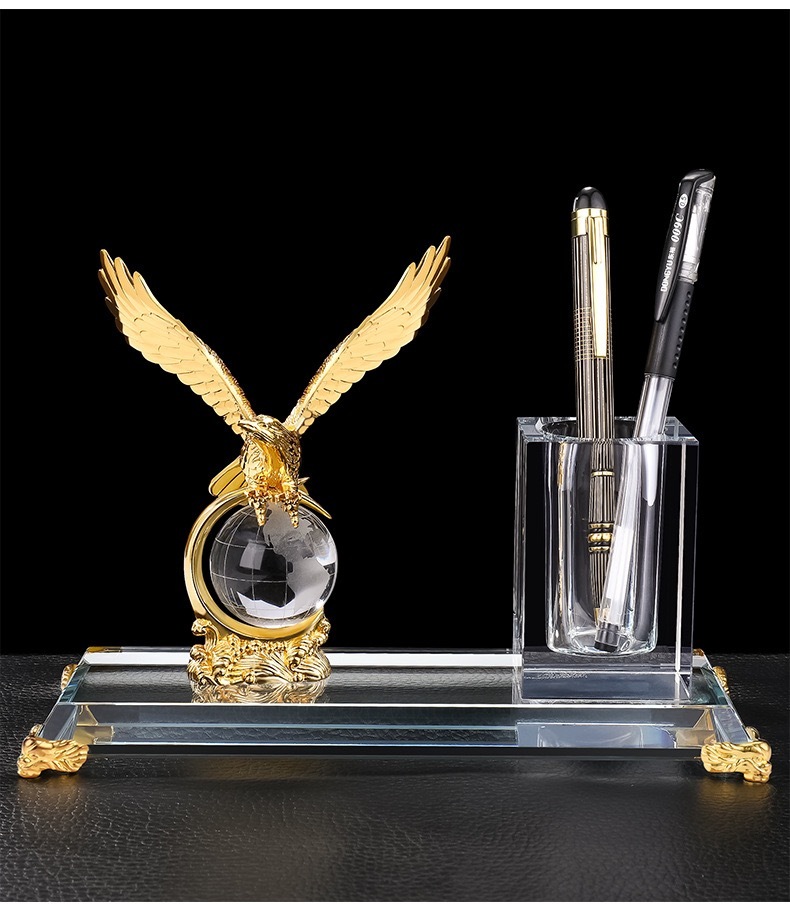 Gold Silver Bronze Metal Eagle with Globe Desktop Gift Crystal Pen Holder Set for Table Decoration MH-B0385